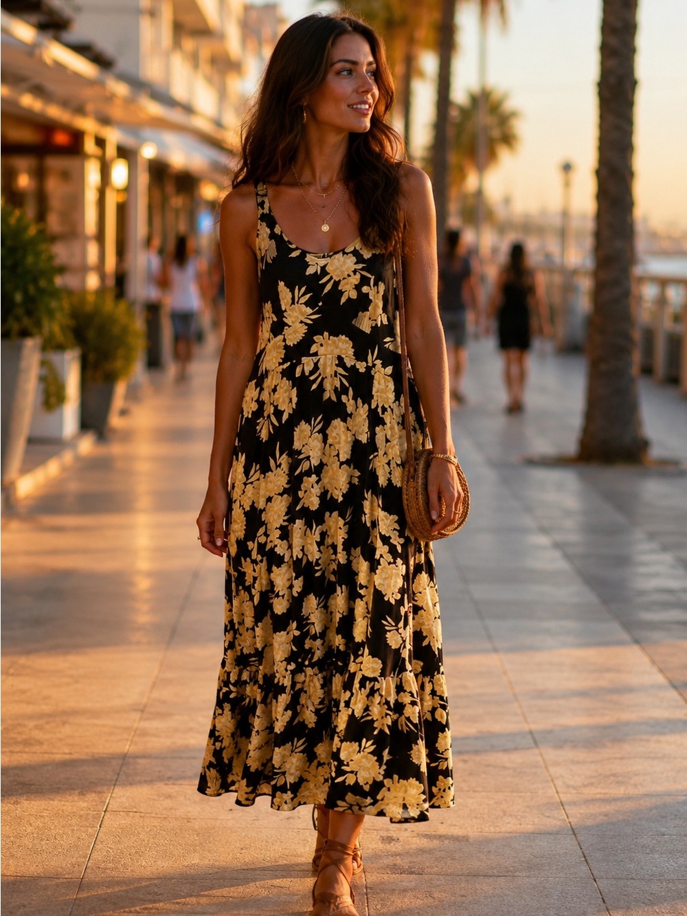 torrid Black Tiered Maxi Dress with Yellow Floral Print